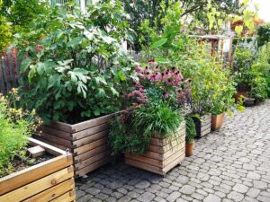 Bepflanzte Plflanzkübel in der Einfahrt